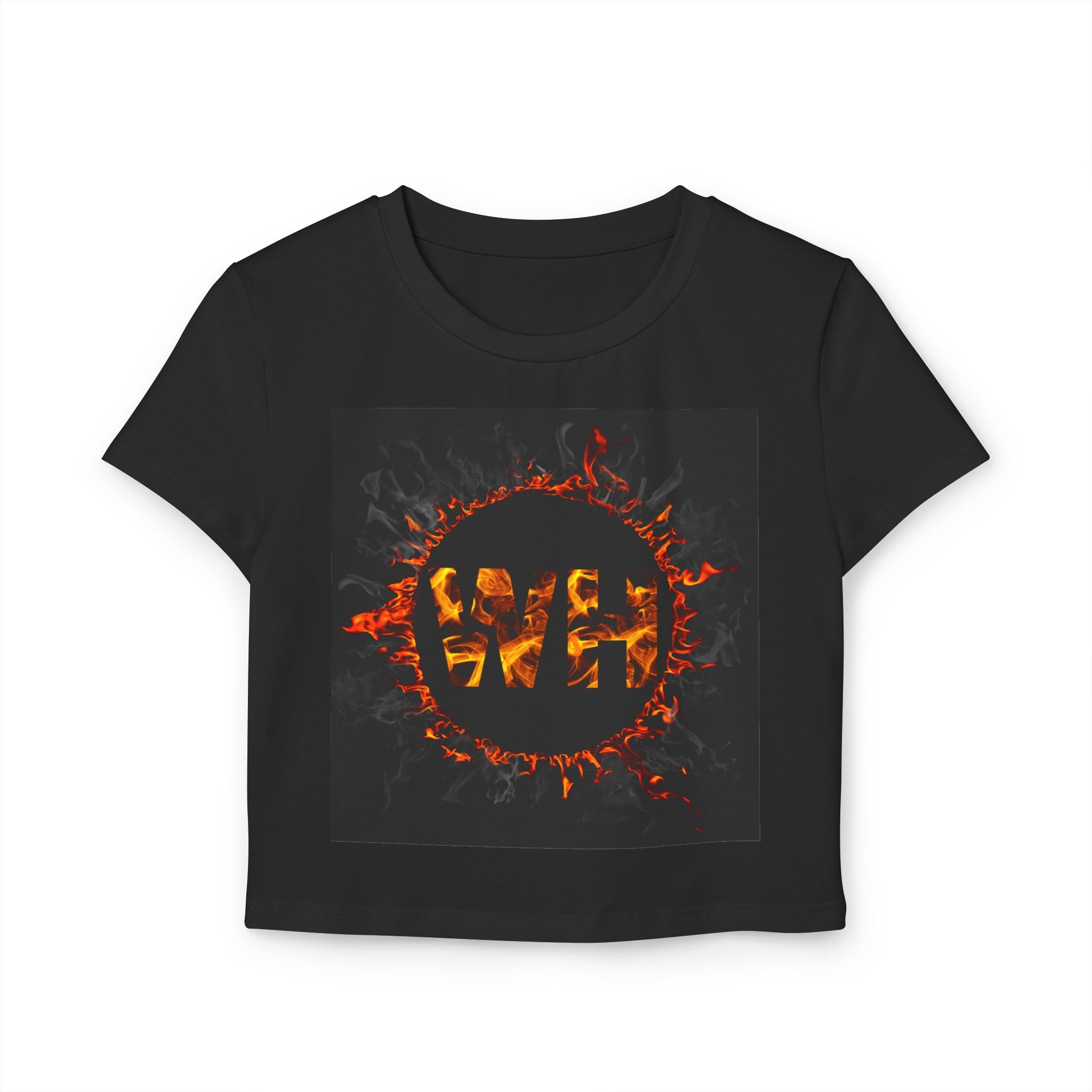 Womens Baby Tee with Fiery WH!? Design - Stylish Graphic Tee for Trendy Looks