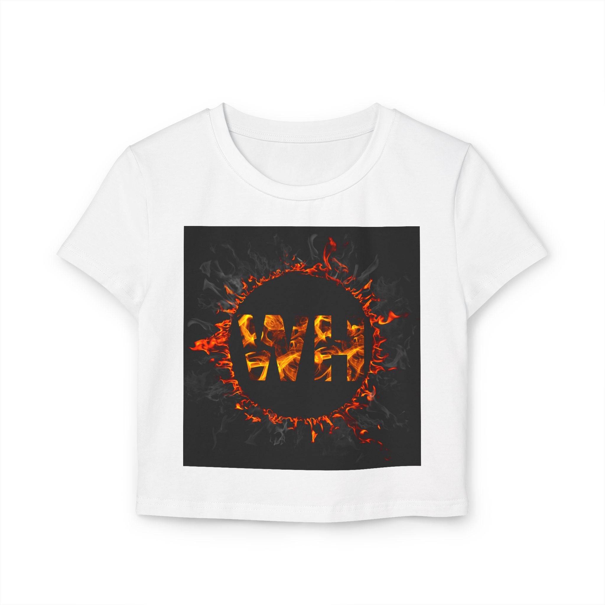 Womens Baby Tee with Fiery WH!? Design - Stylish Graphic Tee for Trendy Looks