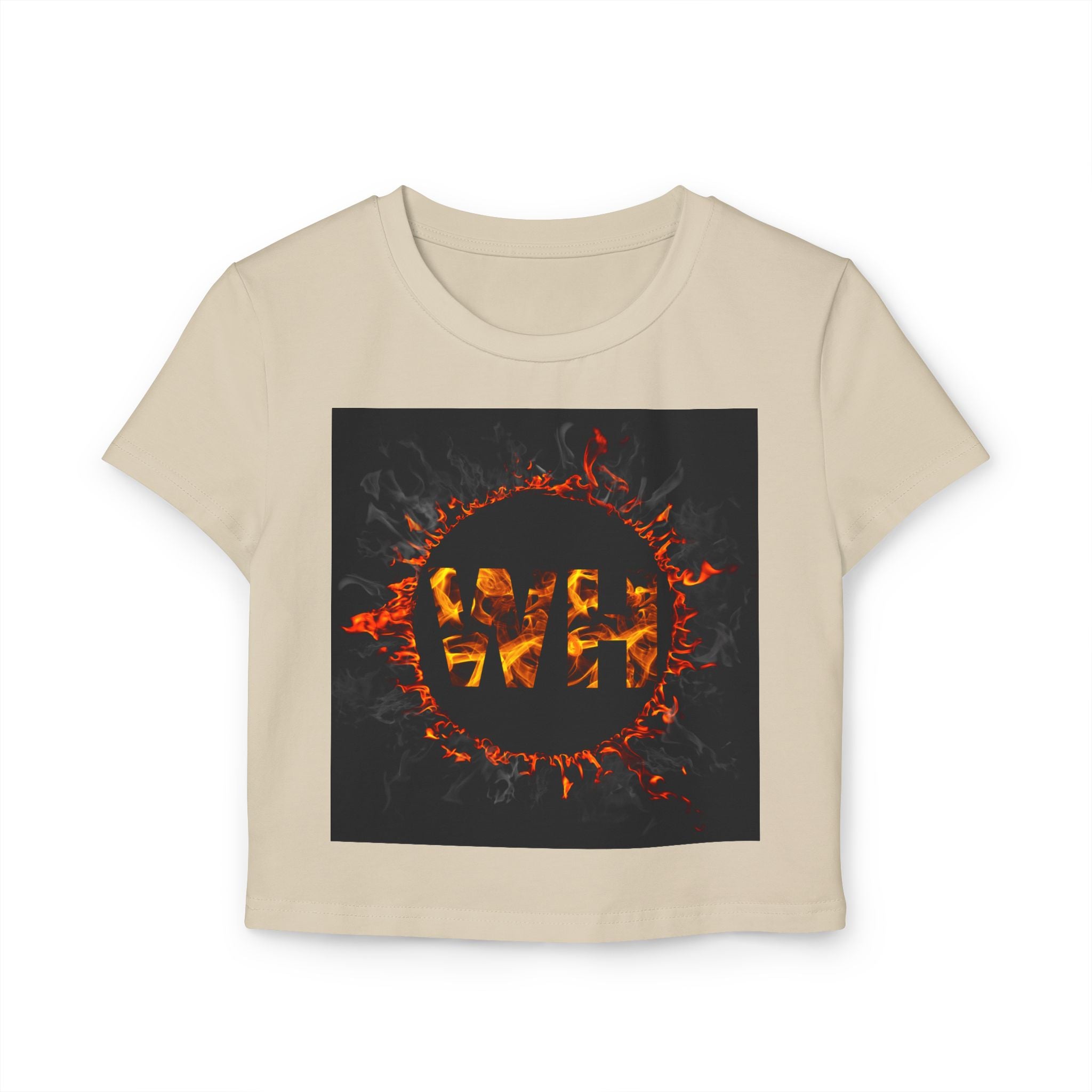 Womens Baby Tee with Fiery WH!? Design - Stylish Graphic Tee for Trendy Looks