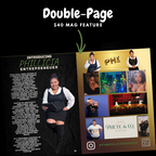 Magazine layout with a double-page spread featuring Phillicia Entrepreneur on a black background.