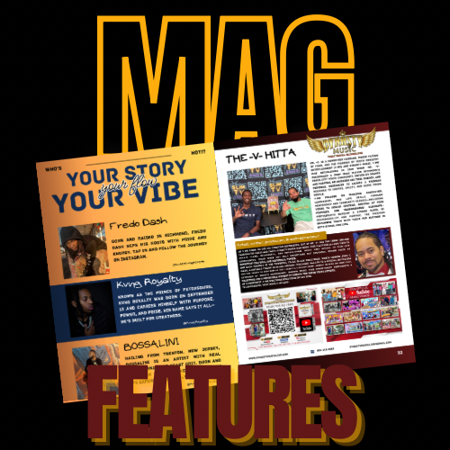 Magazine layout with text and images on a black background